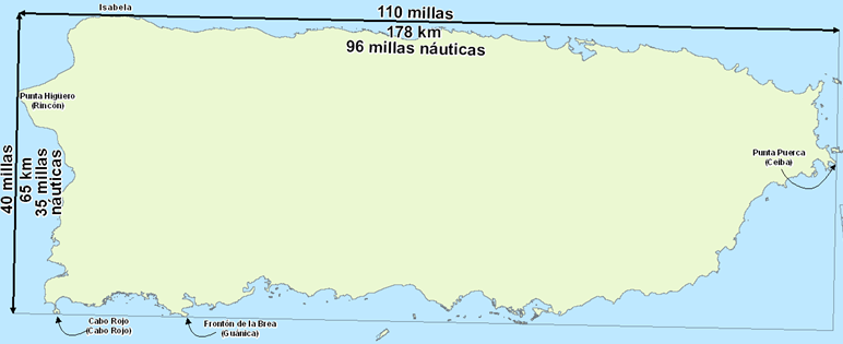 Dimensiones de Puerto Rico: 110 millas de este a oeste y 40 millas de norte a sur